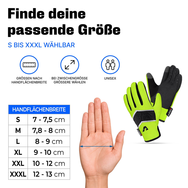 Größentabelle PolarTherm 2.0 in Gelb nach Handflächenbreite, Größen S bis XXXL