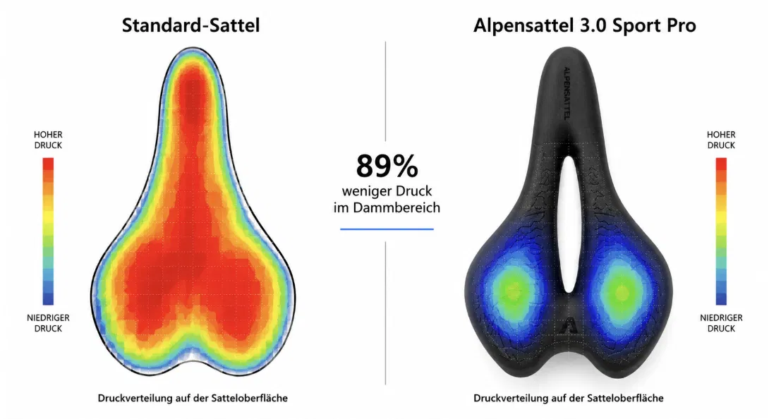 Druckverteilung auf der Sattelfläche: Standard-Sattel gegen Alpensattel 3.0 Sport PRO