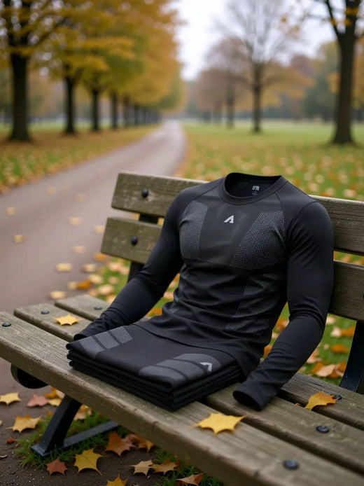 Thermo Set auf einer Parkbank im Herbst
