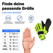 Größentabelle PolarTherm 2.0 in Gelb nach Handflächenbreite, Größen S bis XXXL