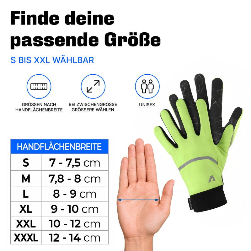 Größentabelle Thermo Handschuhe 3.0 in Gelb nach Handflächenbreite, Größen S bis XXXL
