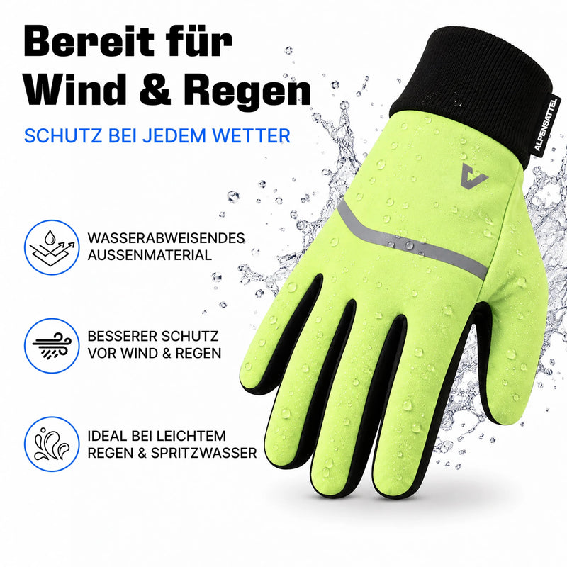 Thermo Handschuhe 3.0 in Gelb: Wasser perlt am wind- und wasserabweisenden Außenmaterial ab