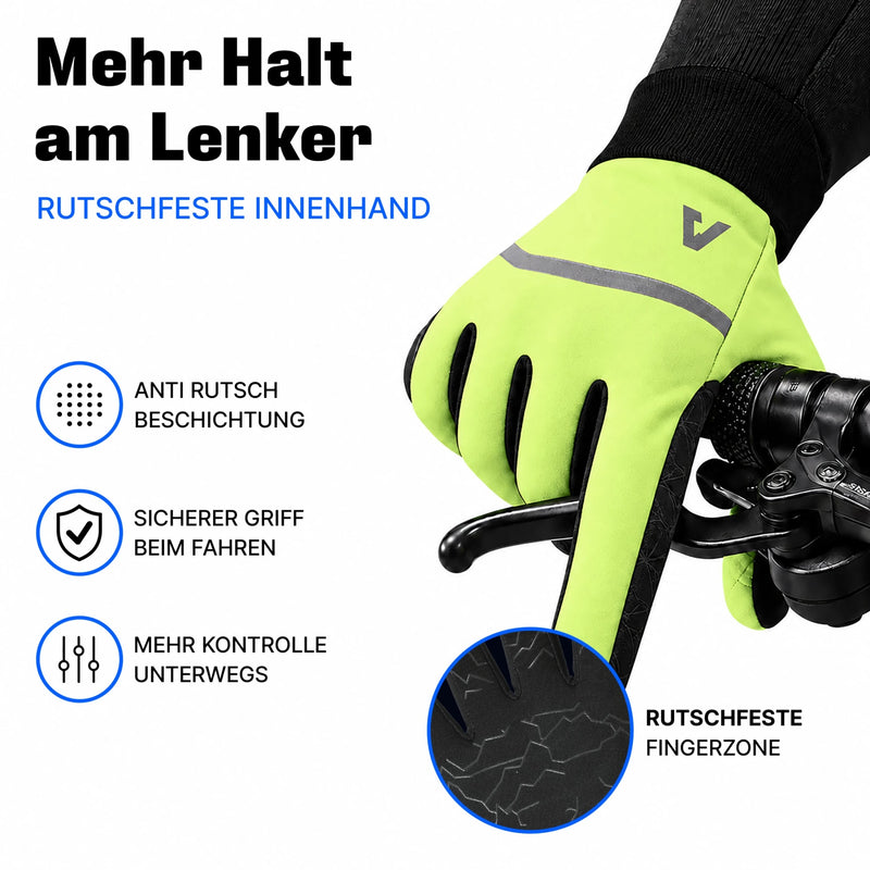 Thermo Handschuhe 3.0 in Gelb am Bremshebel: rutschfeste Innenhand für sicheren Griff